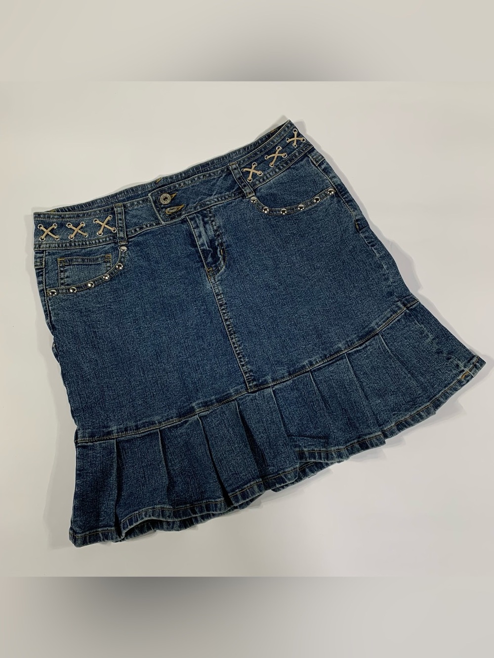 Angels Y2K Lace Up Studded Denim Mini Skirt Pleated Low Rise Reworked